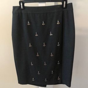 Grey flannel straight skirt embellished front  with pale pink and clear stones